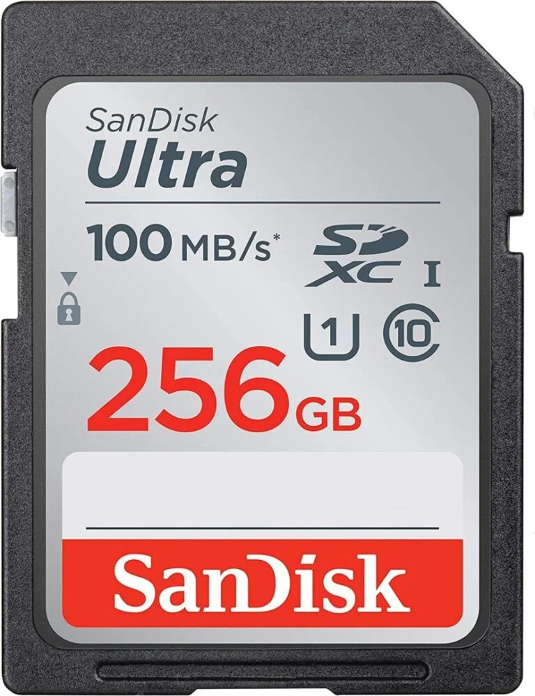 SanDisk Ultra 256GB SDXC memory card, 100MB/s speed, ideal for cameras.
