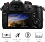 Panasonic Lumix DC-GH5S mirrorless camera with LCD screen displaying a landscape.