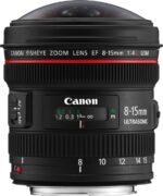 Canon EF 8-15mm f/4L Fisheye USM lens, ideal for wide-angle photography.