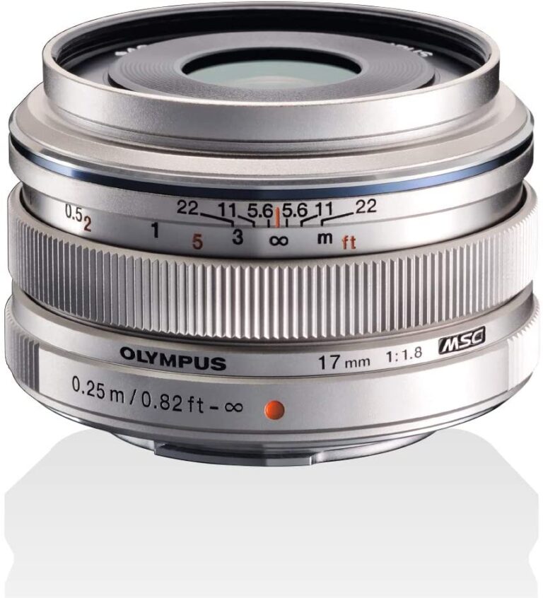 Olympus M.Zuiko Digital 17mm f/1.8 Lens in silver, ideal for mirrorless cameras.