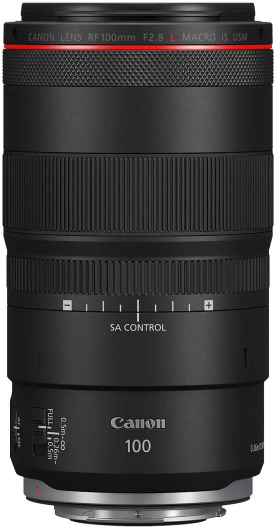 Canon RF 100mm f/2.8L Macro IS USM lens for professional photography.