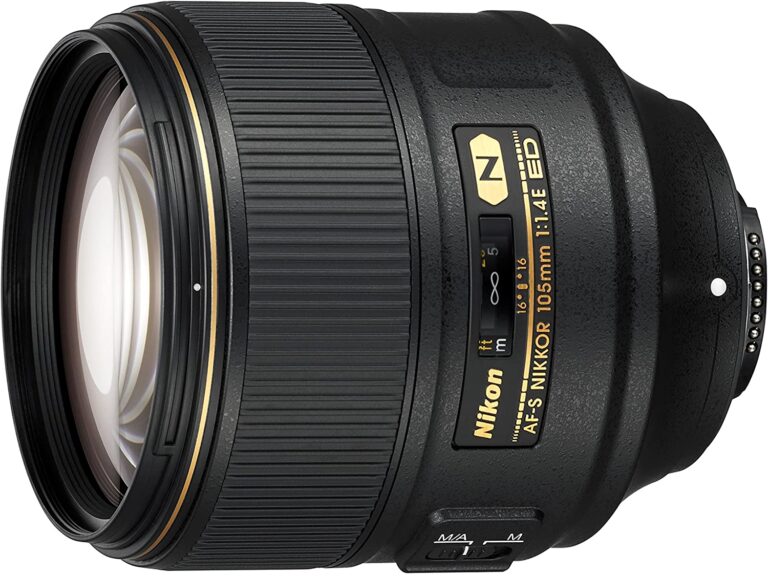 Nikon AF-S NIKKOR 105mm f/1.4E ED lens, ideal for portrait photography.