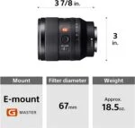Sony FE 35mm F1.4 G Master lens with E-mount, 67mm filter diameter, 18.5 oz weight.