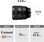 Sony FE 50mm F1.2 GM lens with E-mount, 72mm filter diameter, weighing 27.5 oz.