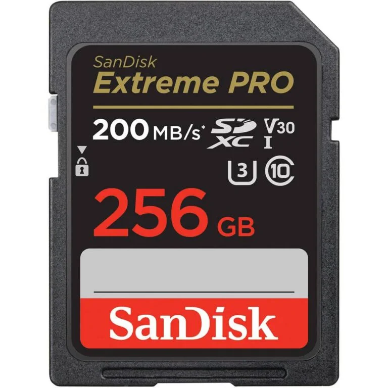 SanDisk Extreme PRO 256GB SD card for high-speed photography and video recording.