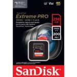 SanDisk Extreme PRO 256GB SDXC UHS-I card with 200MB/s speed for cameras and camcorders.