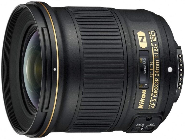 Nikon AF-S NIKKOR 24mm f/1.8G ED lens for DSLR cameras, ideal for wide-angle photography.