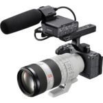 Sony cinema camera with large lens and microphone, ideal for professional videography.