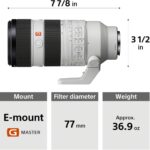 Sony E-mount G Master lens with 77mm filter diameter, ideal for professional photography.