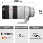 Sony E-mount G Master lens with 200mm length and 77mm filter diameter.