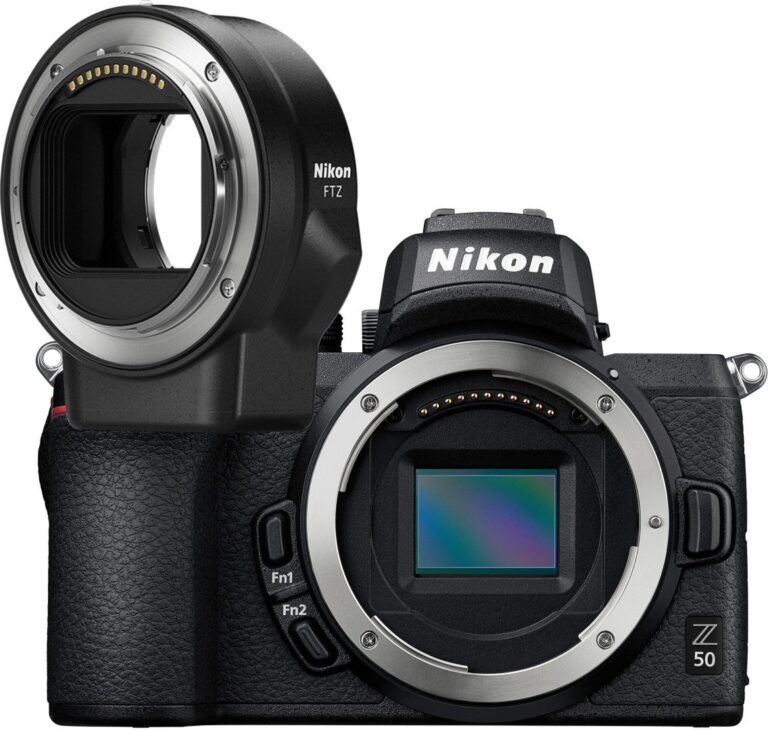 Nikon Z50 camera body with FTZ mount adapter for mirrorless photography.