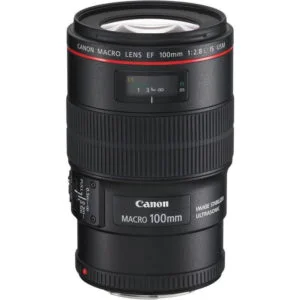 Canon EF 100mm f/2.8L Macro IS USM Lens with image stabilizer for professional photography.