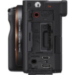 Side view of Sony A7C camera body showing ports and controls.