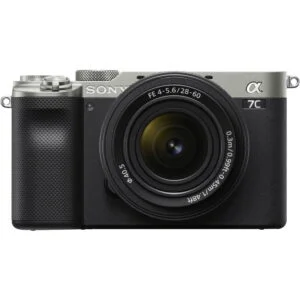 Sony A7C mirrorless camera with 28-60mm lens in silver, available at Camix UK.