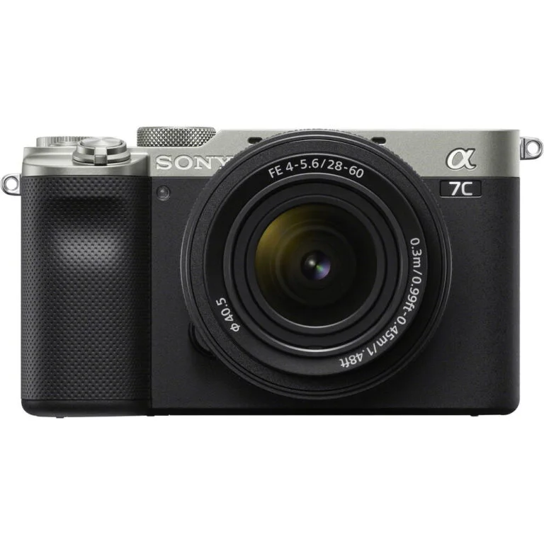 Sony A7C mirrorless camera with 28-60mm lens in silver, available at Camix UK.