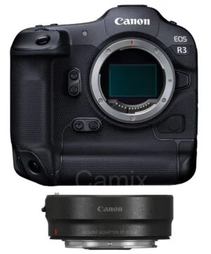 Canon EOS R3 camera body with EF-EOS R adapter, available at Camix UK.