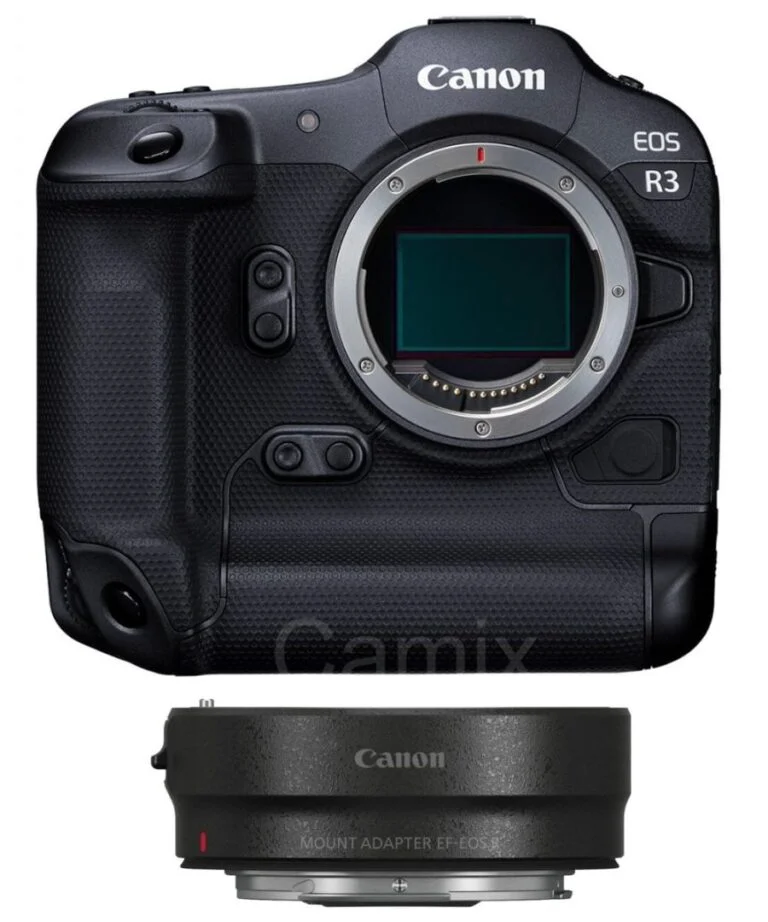 Canon EOS R3 camera body with EF-EOS R adapter, available at Camix UK.