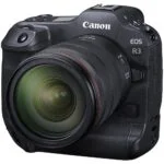Canon EOS R3 mirrorless camera with RF lens, ideal for professional photography.
