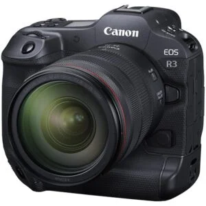 Canon EOS R3 mirrorless camera with RF lens, ideal for professional photography.