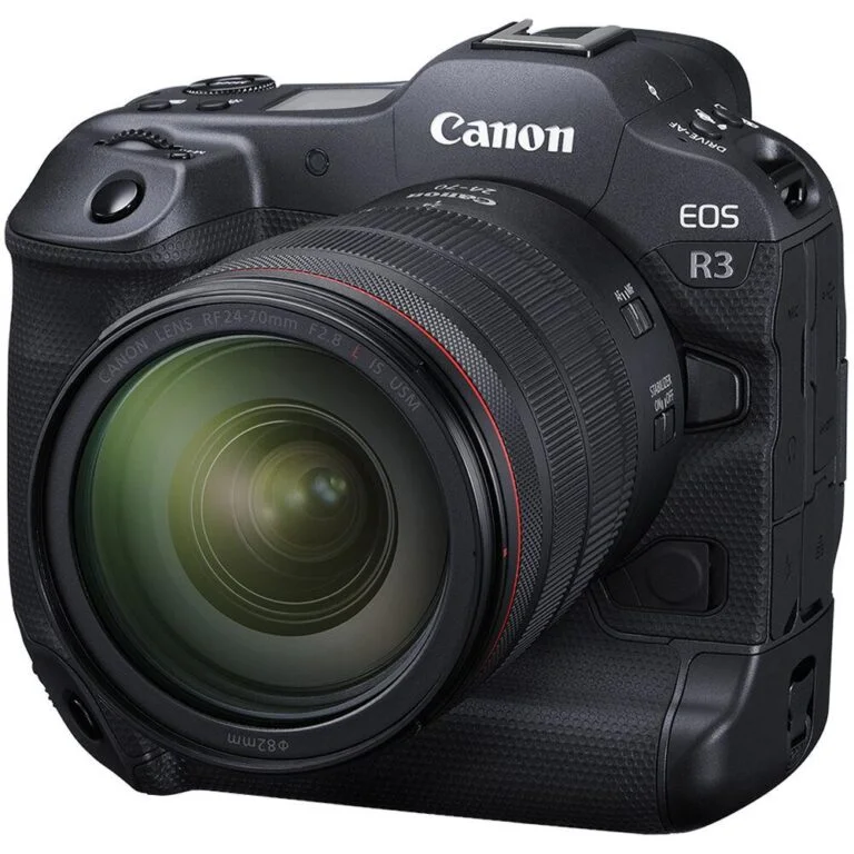 Canon EOS R3 mirrorless camera with RF lens, ideal for professional photography.