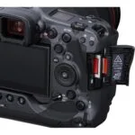 Back view of a Canon camera body with open memory card slot, showcasing photography equipment.