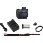Canon EOS R3 camera body with accessories including charger, battery, and strap.