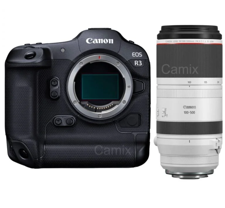 Canon EOS R3 camera body with RF 100-500mm lens, available at Camix UK.