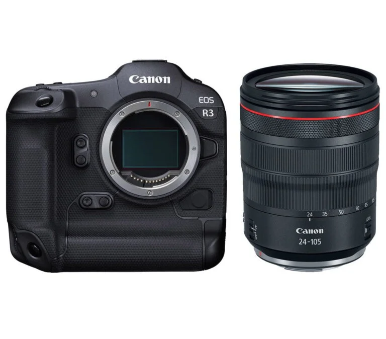 Canon EOS R3 camera body with RF 24-105mm lens, available at Camix UK.