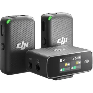 DJI Mic set with two transmitters and a receiver for professional audio recording.