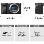 Sony A6400 camera body with APS-C sensor, 24.2MP, and dimensions.