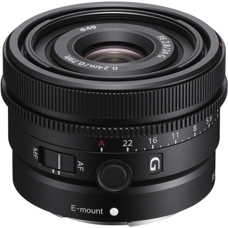 Sony FE 24mm f/2.8 G Lens for E-mount cameras, compact and lightweight.