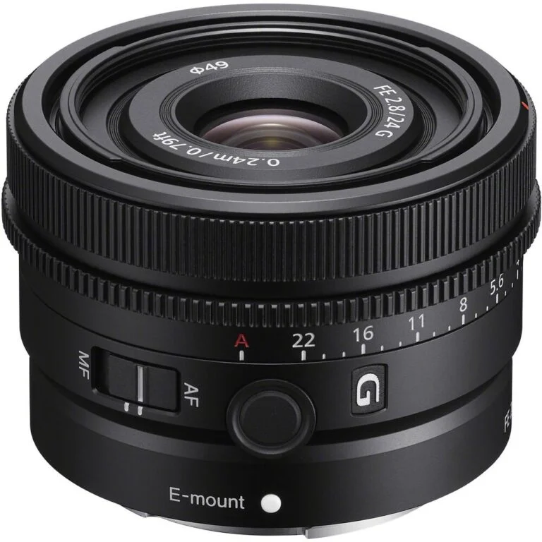 Sony FE 24mm f/2.8 G Lens for E-mount cameras, compact and lightweight.