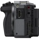 Side view of Sony FX3 cinema camera showing ports and controls.