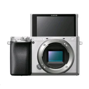 Sony A6400 silver mirrorless camera body with flip-up screen, ideal for photography enthusiasts.