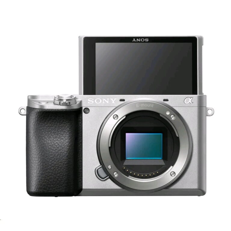 Sony A6400 silver mirrorless camera body with flip-up screen, ideal for photography enthusiasts.