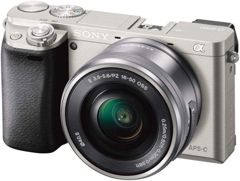 Sony a6400 mirrorless camera with 16-50mm lens, silver, available at Camix UK.