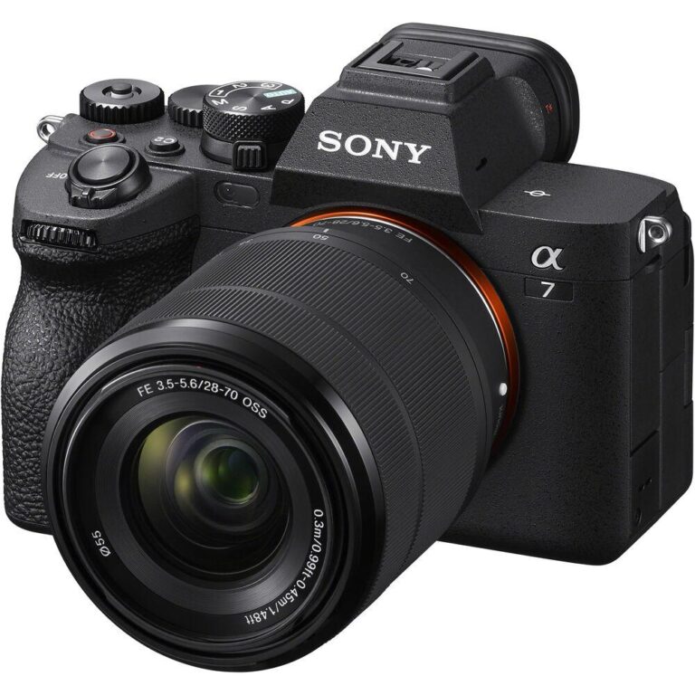Sony A7 IV mirrorless camera with 28-70mm lens, available at Camix UK.