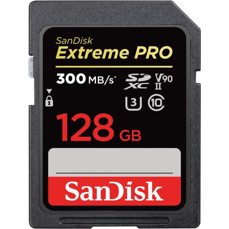 SanDisk Extreme PRO 128GB SD card, 300MB/s speed, ideal for cameras and photography gear.