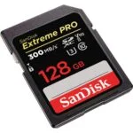 SanDisk Extreme PRO 128GB SDXC memory card, 300MB/s speed, ideal for photography and video cameras.