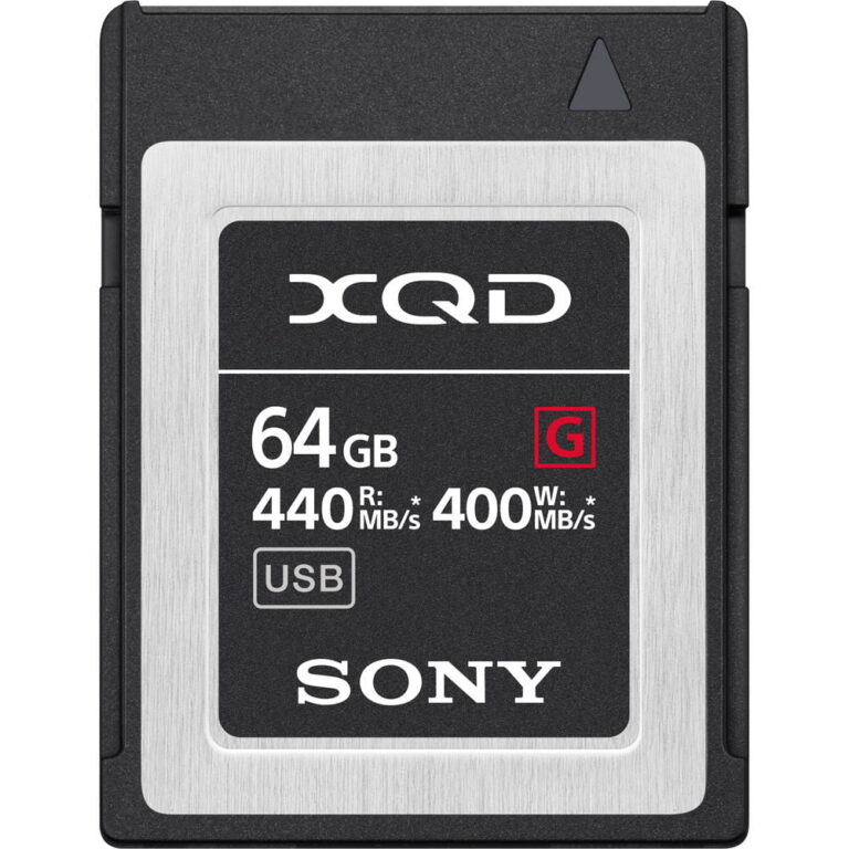 Sony 64GB XQD memory card with 440MB/s read and 400MB/s write speeds.