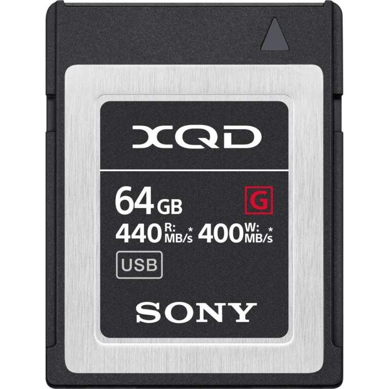 Sony 64GB XQD memory card with 440MB/s read and 400MB/s write speeds.