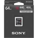 Sony 64GB XQD memory card with 440MB/s read and 400MB/s write speeds.