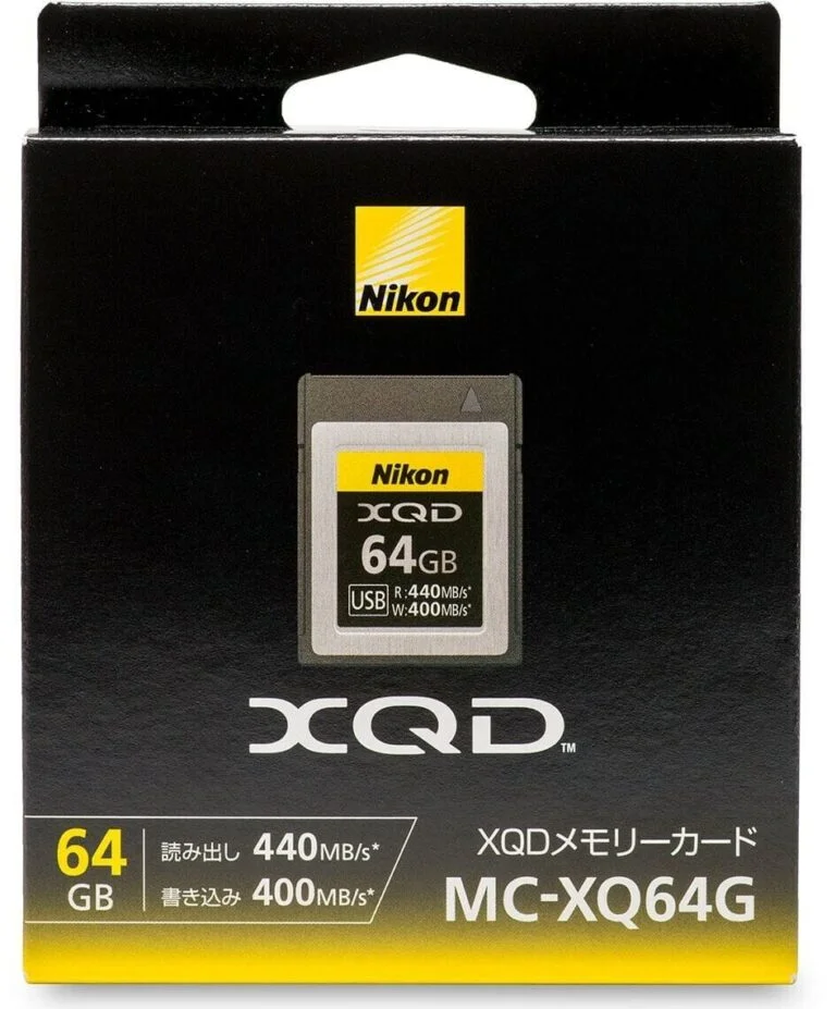 Nikon 64GB XQD memory card packaging, ideal for high-speed photography.