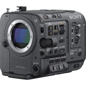 Sony FX6 cinema camera body with controls and E-mount, ideal for professional videography.
