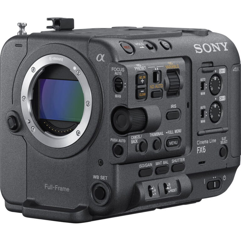 Sony FX6 cinema camera body with controls and E-mount, ideal for professional videography.