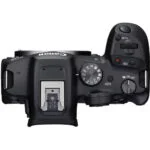 Top view of Canon R7 camera body with control dials and buttons.