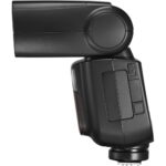 Side view of a black camera flashgun for photography lighting.