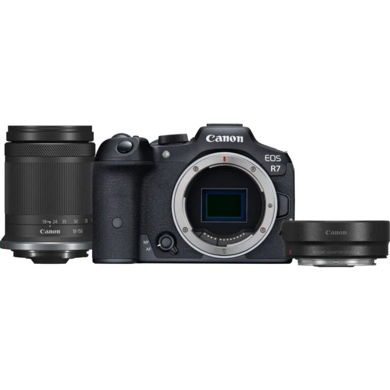 Canon EOS R7 with RF-S 18-150mm lens and adapter, available at Camix UK.