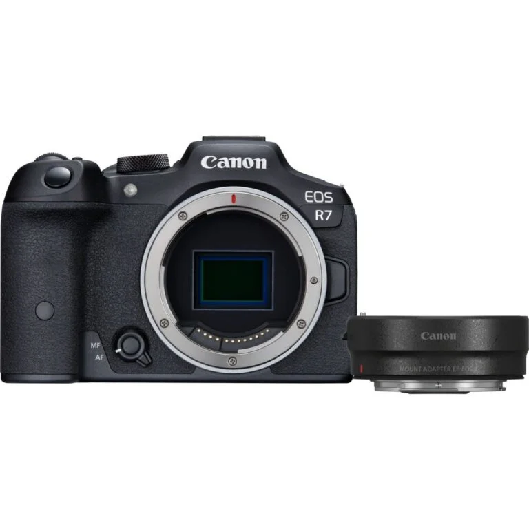 Canon EOS R7 camera body with lens adapter, ideal for professional photography.