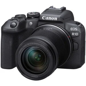 Canon EOS R10 mirrorless camera with 18-150mm lens, available at Camix UK.